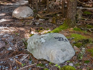 Some mysterious letters on a boulder, Otter Cove Trail
