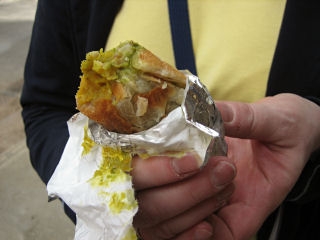 This is an example of food that looks really horrible, but tastes great!  This potato kathi roll was slightly spicy, just a hint of curry and wrapped in very fresh, soft bread.