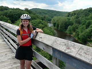 Zhanna, still on the trestle.  The mountains, forest, and Rondout Creek make a lovely backdrop.