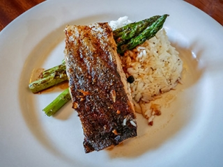 Ginger-soy Glazed Salmon with grilled asparagus and garlic rice pilaf