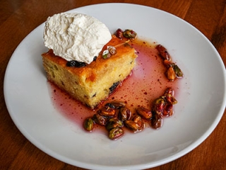 Italian olive oil cake with lemon olive oil, pistachios, soaked in blueberry and pistachio honey