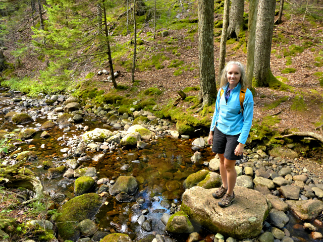 Zhanna crossing the brook, Hunters Brook Trail