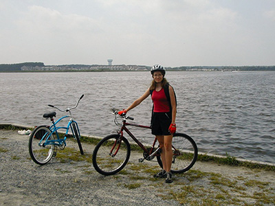 Zhanna and her bike, near the dock at Mulberry Landing.